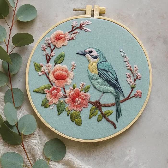 Bird and Flowers Embroidery Kit : DIY Handcrafted Nature Art